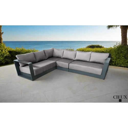 CIEUX Lyon Outdoor Patio Aluminum Metal L-Shaped Sectional Sofa in Midnight Grey with Sunbrella Cushions