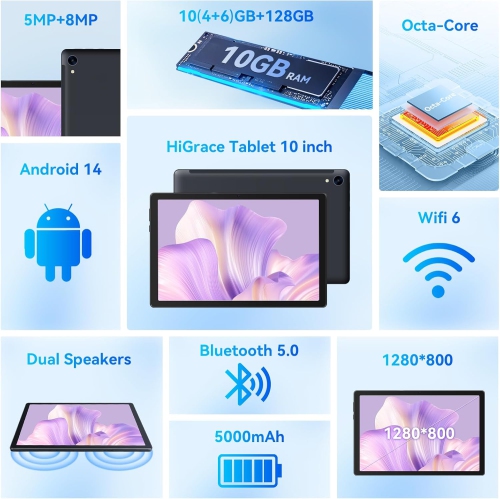 HiGrace C107 10-Inch Android 14 Tablet, Octa-Core Processor, 10GB RAM + 128GB ROM, 1TB Expandable, 1280x800 HD Display, Wi-Fi 6, Dual Camera, 5000mAh
