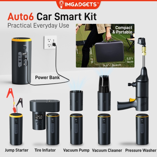 IMGadgets Auto6 Car Smart Kit | All-in-One Car Kit | Car Pressure Washer | Tire Inflator | Car Vacuum Cleaner, Jump Starter, Power Bank, LED Work