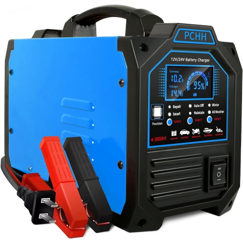 Image 1 of 6.. PCHH 12V 24V Car Battery Charger Heavy Duty, 0-15A Automatic Battery Maintainer, Smart Trickle Charger with Auto Shutoffs, Repair, Winter Mode, for