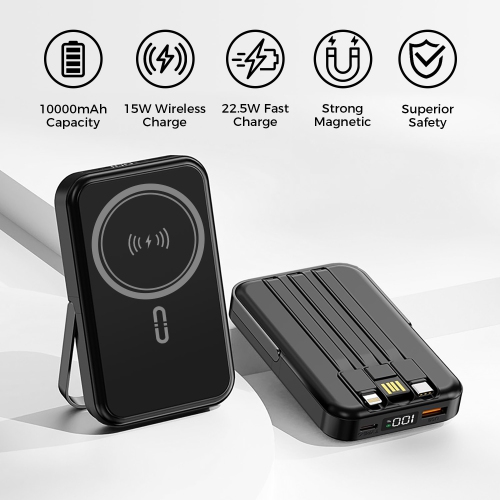 10000mAh Magnetic Power Bank w/ Stand- 3 Cables & Wireless Charging