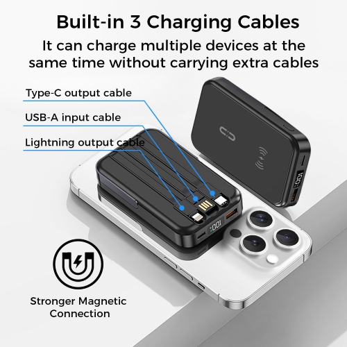 10000mAh Magnetic Power Bank w/ Stand- 3 Cables & Wireless Charging
