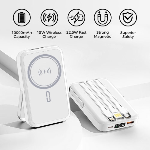 10000mAh Magnetic Power Bank w/ Stand- 3 Cables & Wireless Charging