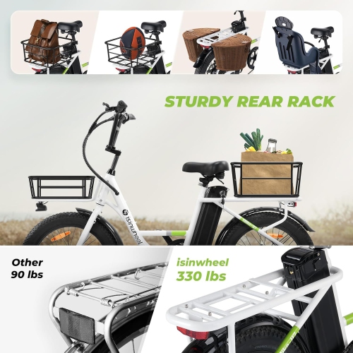 isinwheel U7 Adults Electric Cargo Bike with Pannier Bag(500W Motor/ 80KM Range/ 32KM/h Top Speed/20"×3.0 Fat Tire/48V 10.4h/UL2849 & CFR1512