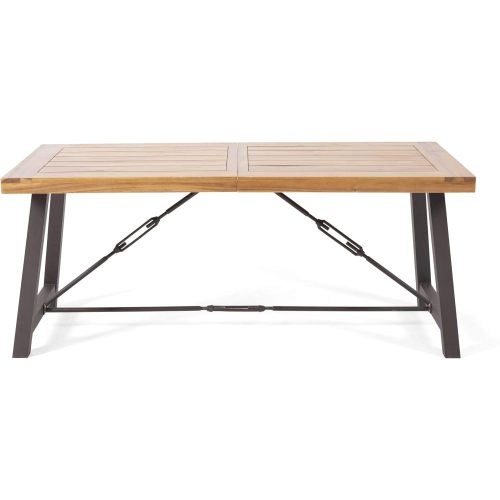 YOULIGHTS Acacia Wood Metal Base Dining Table, Modern Industrial Teak Table, Suitable for Indoor and Outdoor Use
