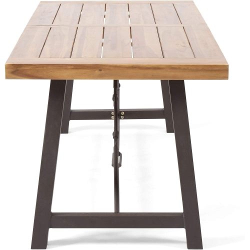 YOULIGHTS Acacia Wood Metal Base Dining Table, Modern Industrial Teak Table, Suitable for Indoor and Outdoor Use