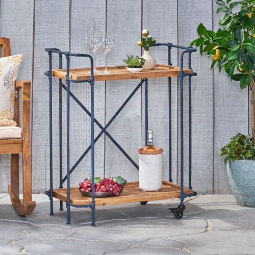 YOULIGHTS Pipe Cart - Rustic style, two-tier serving cart with hardwood shelves and iron rack and two spacious open shelves for patio, kitchen