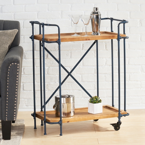 YOULIGHTS Pipe Cart - Rustic style, two-tier serving cart with hardwood shelves and iron rack and two spacious open shelves for patio, kitchen