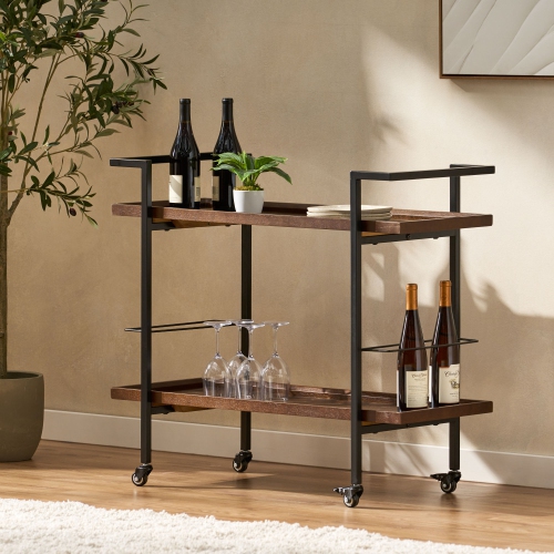 YOULIGHTS Wooden Bar Cart, Dark Walnut Finish, Black Powder Coated Frame Kitchen Cart with Roller Casters that Lock into Place for Use in the Kitchen