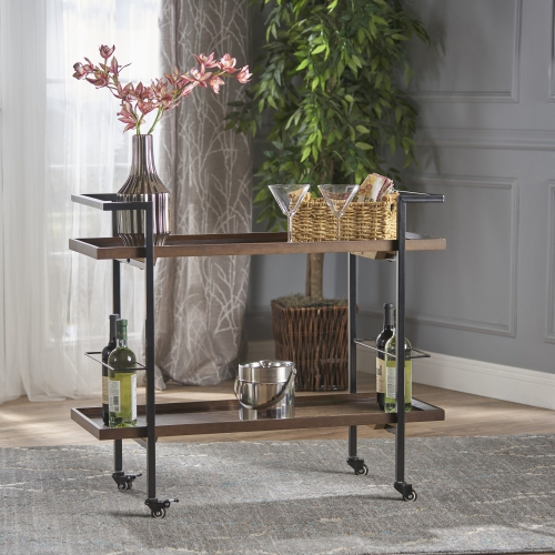YOULIGHTS Wooden Bar Cart, Dark Walnut Finish, Black Powder Coated Frame Kitchen Cart with Roller Casters that Lock into Place for Use in the Kitchen