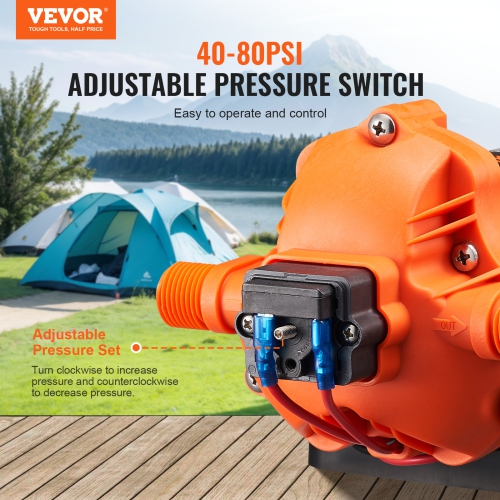 VEVOR 12V Diaphragm Pump, 3 GPM, 3-Chamber 12 Volt DC Water Pump with Automatic Pressure Switch 40-100 PSI Adjustable, 50 PSI, 1/2'' MNPT Port, for