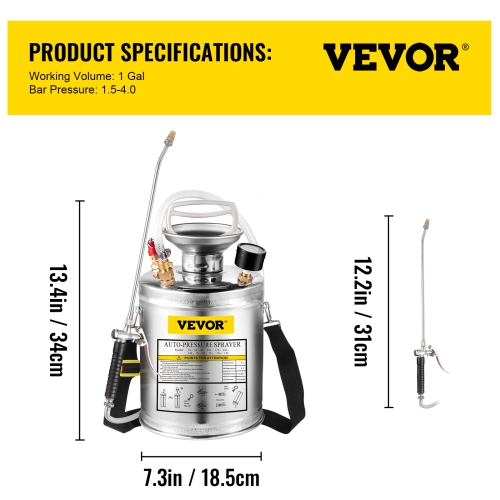 VEVOR 1 Gallon Stainless Steel Sprayer, 12" Wand & 3FT Reinforced Hose, Hand Pump Sprayer with Pressure Gauge, Safety Valve & Adjustable Nozzle,