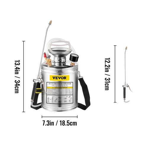 VEVOR 1 Gallon Stainless Steel Sprayer, 12" Wand & 3FT Reinforced Hose, Hand Pump Sprayer with Pressure Gauge, Safety Valve & Adjustable Nozzle,