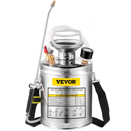 VEVOR 1 Gallon Stainless Steel Sprayer, 12" Wand & 3FT Reinforced Hose, Hand Pump Sprayer with Pressure Gauge, Safety Valve & Adjustable Nozzle,