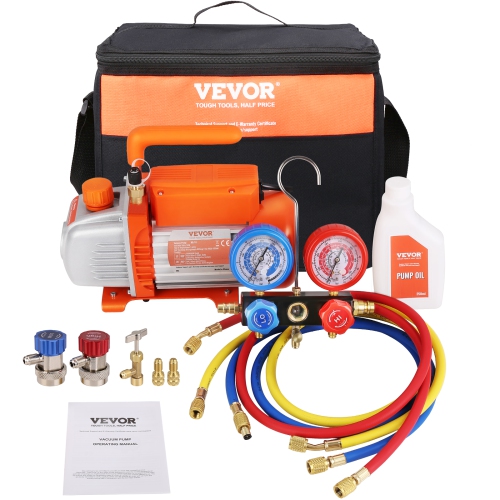 VEVOR  1/5 HP 3.5 Cfm Ac Vacuum Pump And Gauge Set, Single Stage Rotary Vane Hvac Air Vacuum Pump A/c Refrigerant Kit Manifold Gauge Set, \w Carry