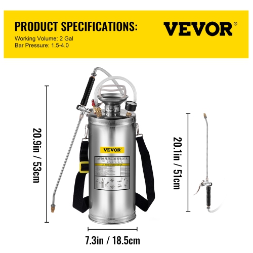 VEVOR 2Gal Stainless Steel Sprayer, Set with 20 Wand& Handle& 3FT Reinforced Hose, Hand Pump Sprayer with Pressure Gauge&Safety Valve, Adjustable