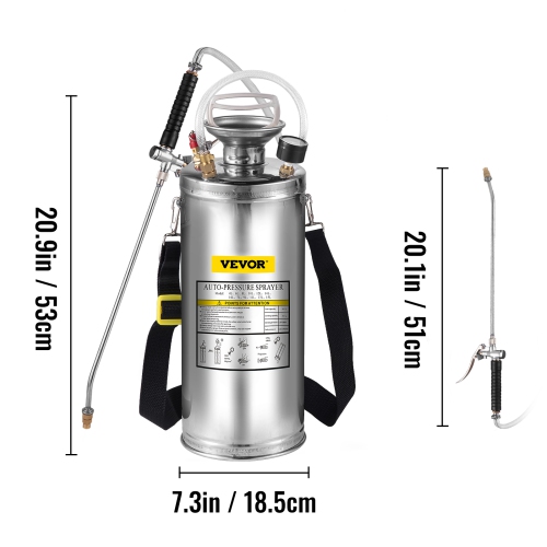 VEVOR 2Gal Stainless Steel Sprayer, Set with 20 Wand& Handle& 3FT Reinforced Hose, Hand Pump Sprayer with Pressure Gauge&Safety Valve, Adjustable