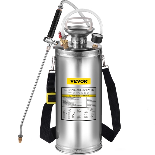 VEVOR 2Gal Stainless Steel Sprayer, Set with 20 Wand& Handle& 3FT Reinforced Hose, Hand Pump Sprayer with Pressure Gauge&Safety Valve, Adjustable