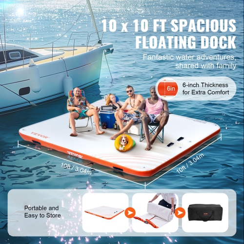 VEVOR 10 x 10FT Inflatable Floating Dock, Inflatable Dock Platform, Non-Slip Water Floating Dock Mat with Potable Carrying Bag & Detachable Ladder,