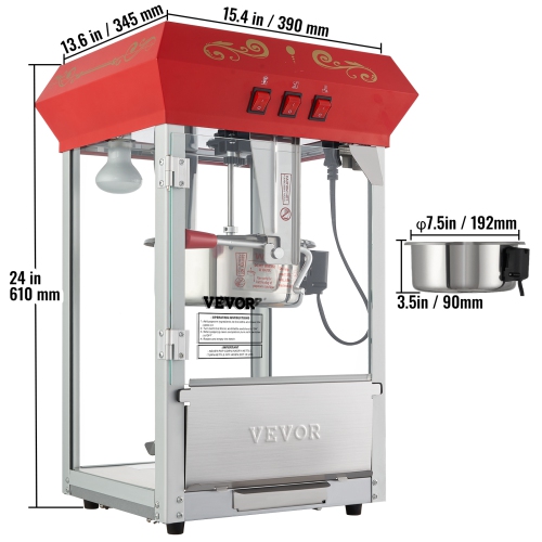 VEVOR 850W Popcorn Maker, Popcorn Popper Machine, 8 Oz Kettle Makes 48 Cups per Batch, Countertop Popcorn Maker with Tempered Glass, Includes 4