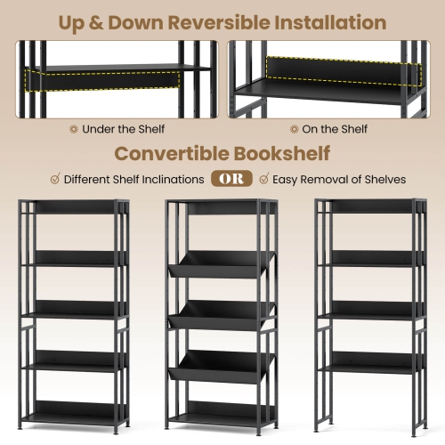 Costway 2 PCS 5 Tier Bookshelf 62" Tall Bookcase with Tiltable Shelves Display Storage Rack
