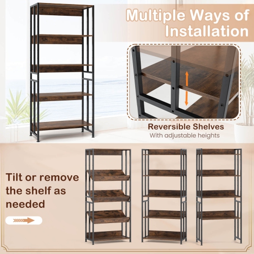 Costway 1 PCS 5 Tier Bookshelf 62" Tall Bookcase with Tiltable Shelves Display Storage Rack