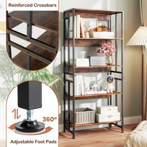 Costway 1 PCS 5 Tier Bookshelf 62" Tall Bookcase with Tiltable Shelves Display Storage Rack