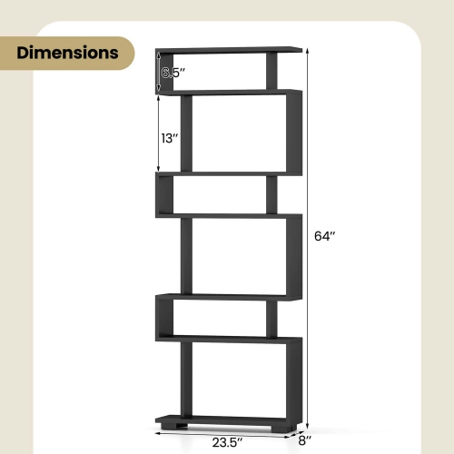 Costway 1 PCS Bookcase 6-Tier Bookshelf with Anti-Tipping Kit Freestanding Display Shelf Black/White/Brown