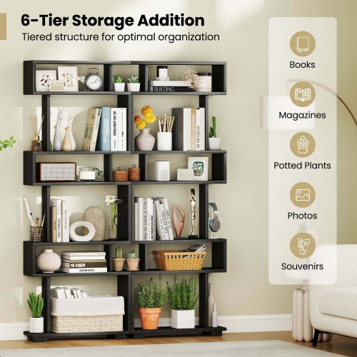 Costway 1 PCS Bookcase 6-Tier Bookshelf with Anti-Tipping Kit Freestanding Display Shelf Black/White/Brown
