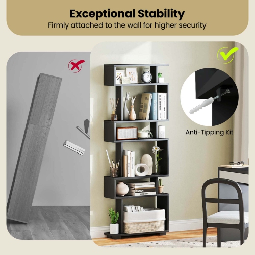 Costway 1 PCS Bookcase 6-Tier Bookshelf with Anti-Tipping Kit Freestanding Display Shelf Black/White/Brown