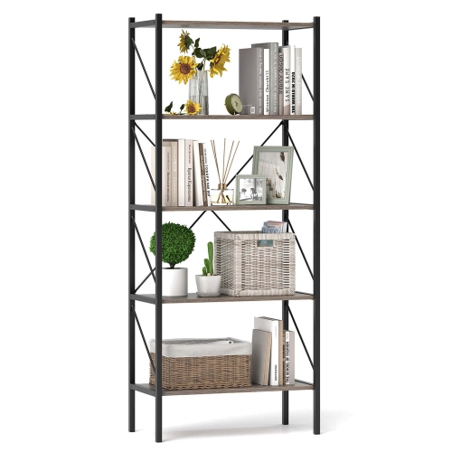 Costway 1 PCS 5-Tier Bookshelf, Industrial Tall Bookcase with Open Storage Shelves & Metal Frame Brown