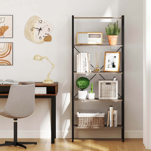 Costway 1 PCS 5-Tier Bookshelf, Industrial Tall Bookcase with Open Storage Shelves & Metal Frame Brown