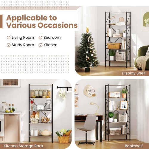 Costway 1 PCS 5-Tier Bookshelf, Industrial Tall Bookcase with Open Storage Shelves & Metal Frame Brown