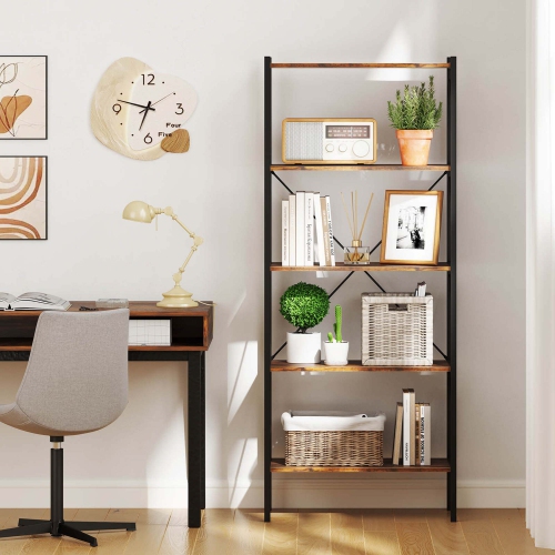 Costway 1 PCS 5-Tier Bookshelf, Industrial Tall Bookcase with Open Storage Shelves & Metal Frame Brown