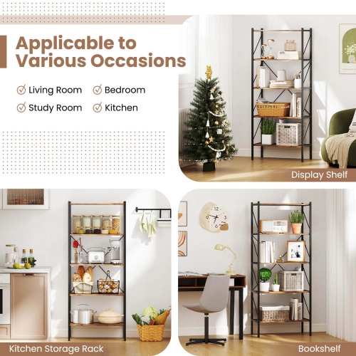 Costway 1 PCS 5-Tier Bookshelf, Industrial Tall Bookcase with Open Storage Shelves & Metal Frame Brown