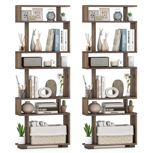 COSTWAY  2 PCs Bookcase 6-Tier Bookshelf With Anti-Tipping Kit Freestanding Display Shelf Black/white/brown