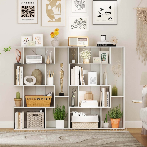 Costway 47" Open-back Geometric Bookshelf Home 6-Cube Large Bookcase with Anti-tip Kits Natural/White