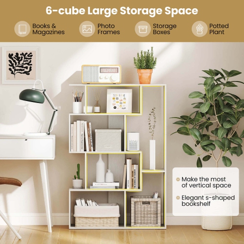 Costway 47" Open-back Geometric Bookshelf Home 6-Cube Large Bookcase with Anti-tip Kits Natural/White
