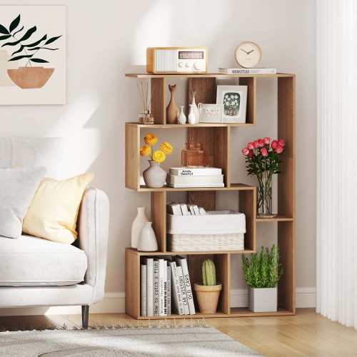 Costway 47" Open-back Geometric Bookshelf Home 6-Cube Large Bookcase with Anti-tip Kits Natural/White