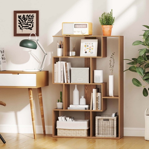 Costway 47" Open-back Geometric Bookshelf Home 6-Cube Large Bookcase with Anti-tip Kits Natural/White