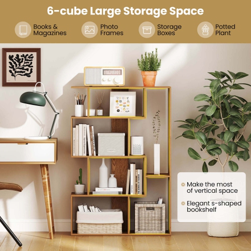 Costway 47" Open-back Geometric Bookshelf Home 6-Cube Large Bookcase with Anti-tip Kits Natural/White