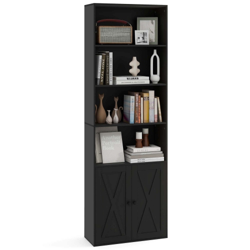 COSTWAY  71" Farmhouse Bookcase With Doors With 6 Shelves & 2-Door Cabinet for Bedroom White/black