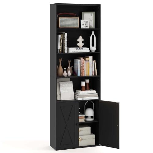 Costway 71" Farmhouse Bookcase with Doors with 6 Shelves & 2-Door Cabinet for Bedroom White/Black