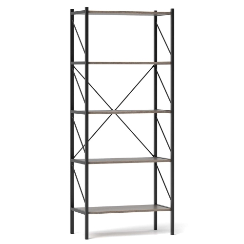 Étagère à 5 niveaux Costway 2 PCS, grande bibliothèque industrielle avec tablettes de rangement ouvertes et cadre en métal chêne