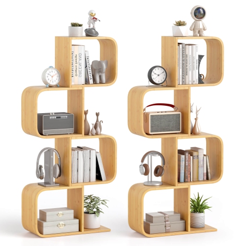 Costway 1/2 PCS 4-Tier S-Shaped Bookcase with 4 Open Cubes Geometric Corner Display Shelf