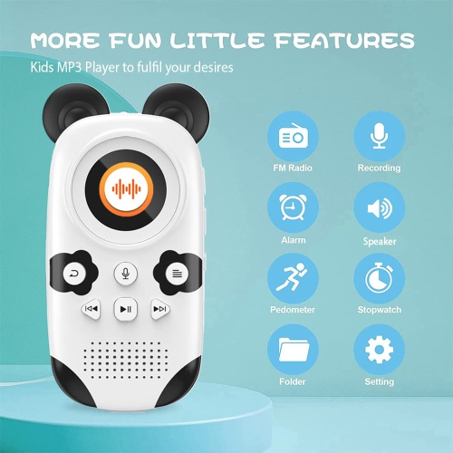 Kids Panda MP3 Player – Bluetooth 5.0, Safe Volume, 64GB, Walkman Music Player, Hi-Fi Speakers