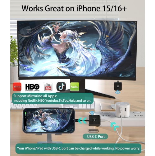 Type-C to HD Wireless Transmitter and Receiver Kit, Screen Mirroring and Display Extender Plug and Play Display Adapter