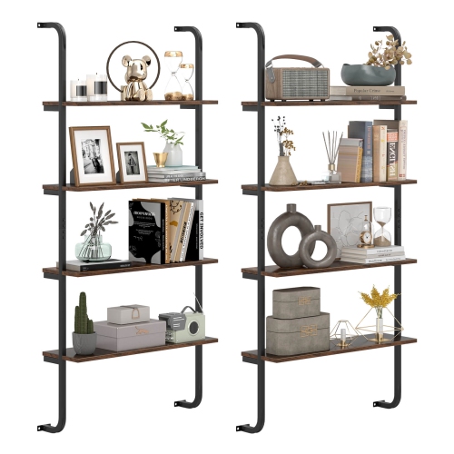 COSTWAY  2 PCs 4-Tier Wall-Mounted Ladder Shelf Display Bookshelf With Heavy-Duty Metal Frame