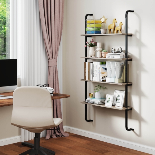 Costway 2 PCS 4-Tier Wall-mounted Ladder Shelf Display Bookshelf with Heavy-duty Metal Frame