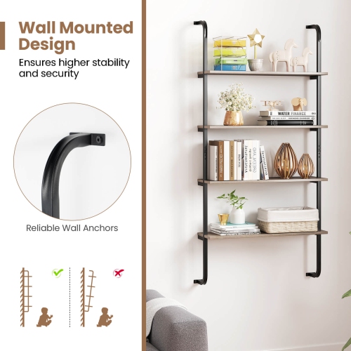 Costway 2 PCS 4-Tier Wall-mounted Ladder Shelf Display Bookshelf with Heavy-duty Metal Frame